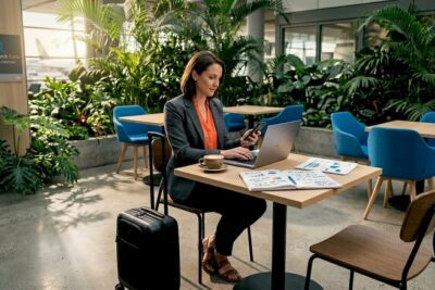 Business traveler working in airport lounge