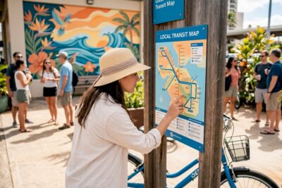 Tourist at city transit map in morning
