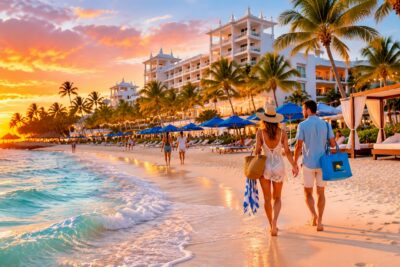 View of Riu Republica beachfront and resort towers at sunset