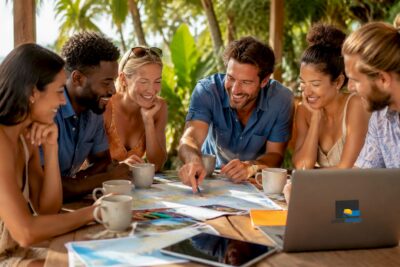 Diverse group planning excursion around a table