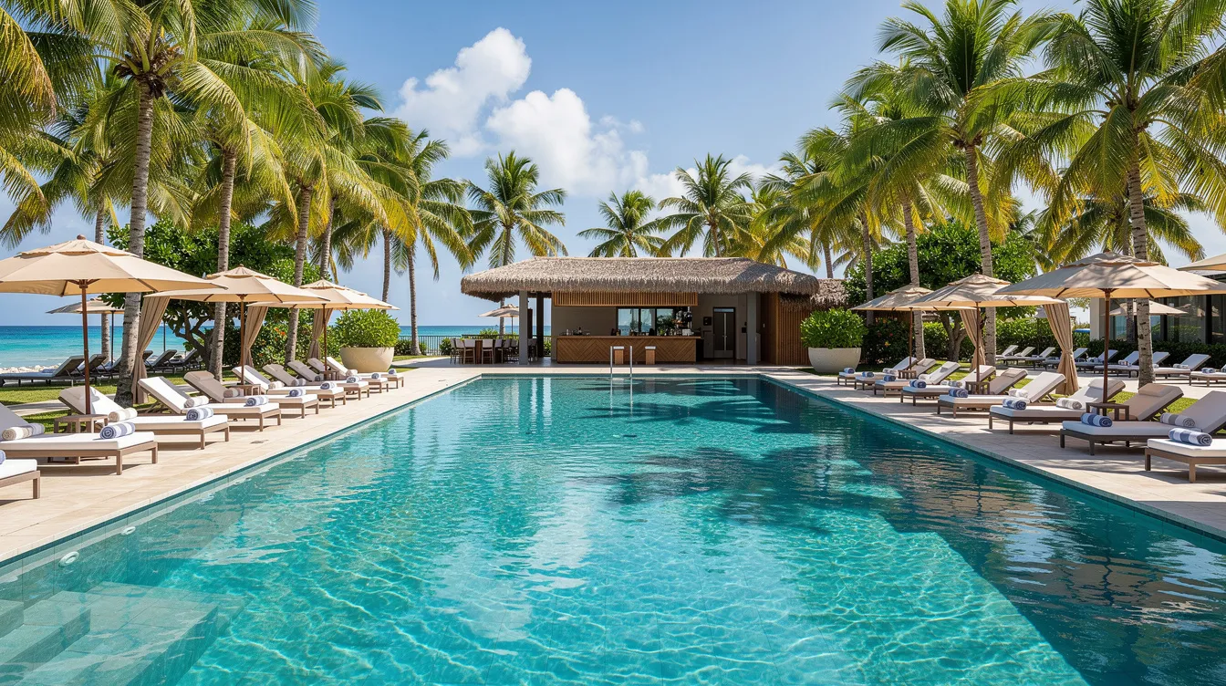 Be Live Collection Canoa Resort - Ultimate All-Inclusive Caribbean Experience 1 The image depicts a tropical resort pool area at the Be Live Collection Canoa, surrounded by lush palm trees and furnished with comfortable sun loungers, inviting guests to relax and enjoy the outdoor pool. This serene setting is ideal for a refreshing stay near Playa Dominicus, offering stunning views and a perfect atmosphere for leisure.
