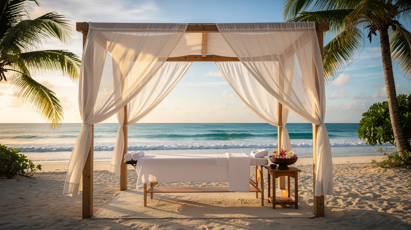 An outdoor spa treatment cabana is set on a tropical beach, featuring flowing white curtains and a stunning ocean view. This serene space at the Dreams Onyx Resort invites guests to relax and indulge in spa services while enjoying the soothing sounds of the waves.