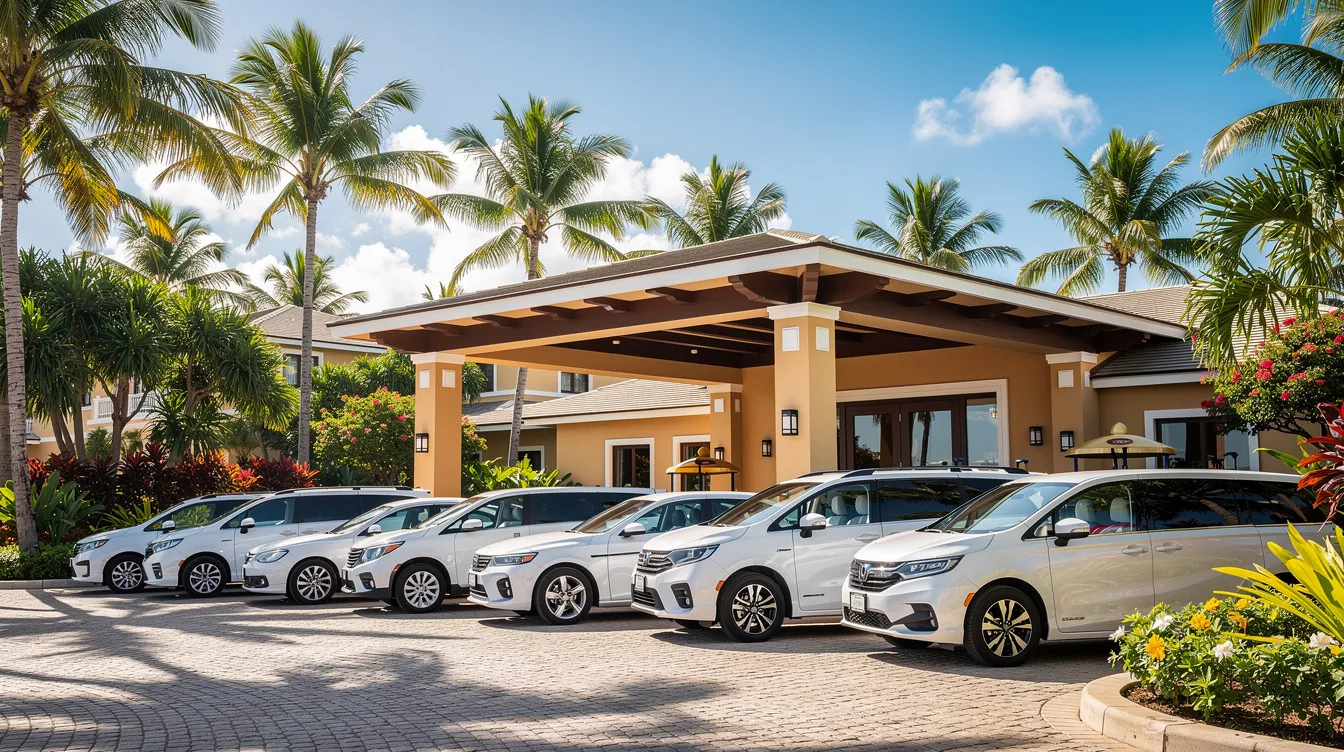 Airport Transfers Made Easy with TravelSearch Guru 3 A row of white minivans and SUVs is parked outside the entrance of a Caribbean resort, surrounded by lush tropical landscaping, ready to provide airport transportation for arriving travelers. These vehicles are ideal for business travelers and families looking for hassle-free ground transportation to their accommodations.