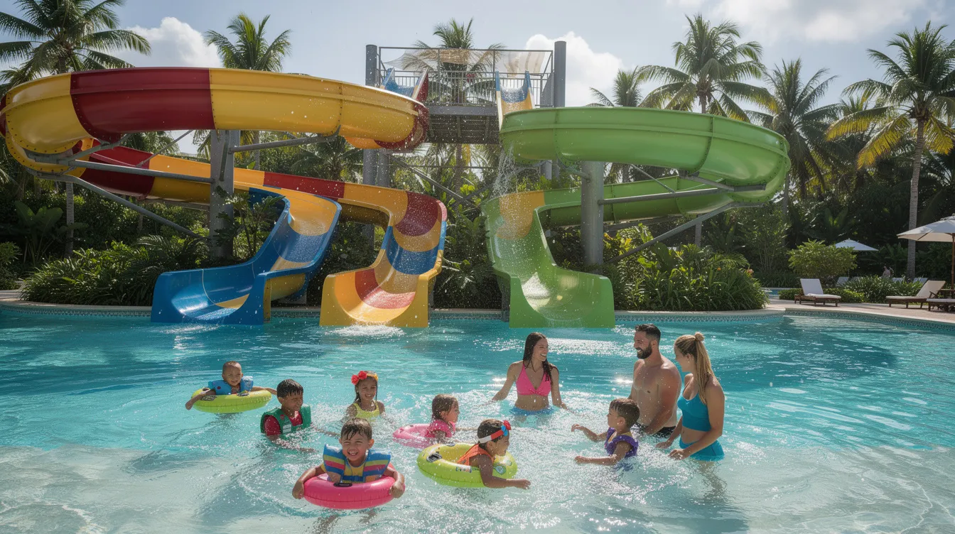 A vibrant water park features colorful slides surrounded by lush tropical palm trees, with families joyfully splashing and playing in the water, embodying the fun and relaxation of the Dreams Onyx Resort in Punta Cana. Guests can enjoy various amenities, including pools and beach access, making it an ideal destination for travelers seeking a memorable vacation.