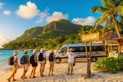 The image showcases a vibrant scene of Dominican Republic tours, highlighting the stunning white sand beaches of Punta Cana and the lush landscapes of Los Haitises National Park. Tourists are seen enjoying various activities such as snorkeling, horseback riding, and exploring the colonial zone of Santo Domingo, all set against the backdrop of the Caribbean Sea.