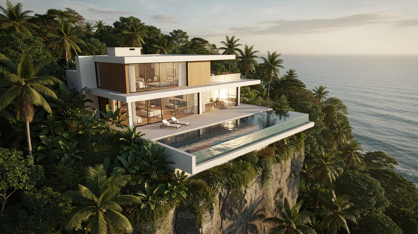 Best New All-Inclusive Resorts in Mexico for 2026 2 A stunning clifftop luxury villa is nestled among lush jungle greenery, offering breathtaking oceanfront views in the background. This serene property is ideal for a romantic getaway or a family vacation, with amenities that include private pools and access to all-inclusive resort features.