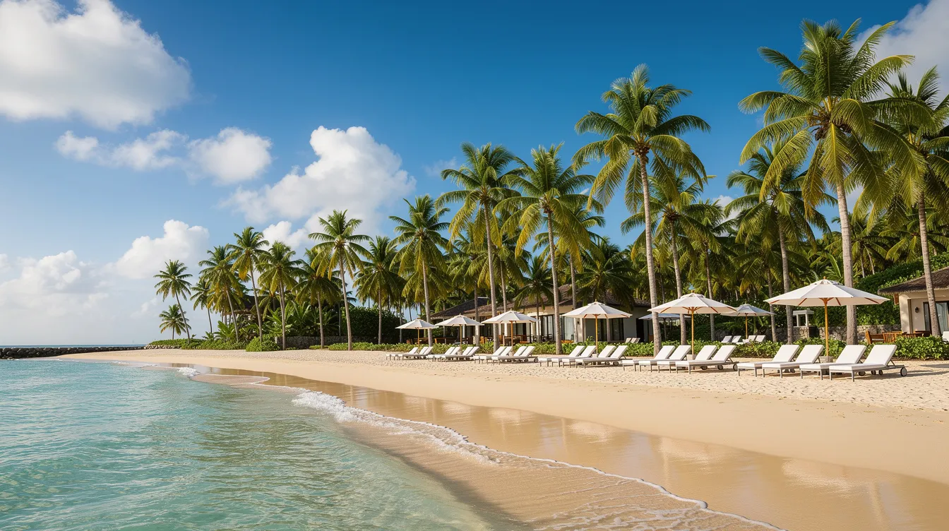 A stunning tropical beachfront resort featuring swaying palm trees, soft golden sand, and clear turquoise Caribbean waters, ideal for families and travelers seeking relaxation at Dreams Onyx Punta Cana. The property offers beach access, pools, and various amenities for guests to enjoy during their stay.