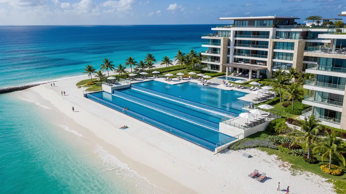 Best New All-Inclusive Resorts in Mexico for 2026 1 An aerial view showcases a modern beachfront resort featuring luxurious infinity pools that seamlessly blend with the turquoise ocean water. This all-inclusive resort offers stunning oceanfront views and a variety of amenities, making it an ideal destination for families and couples seeking a romantic getaway.