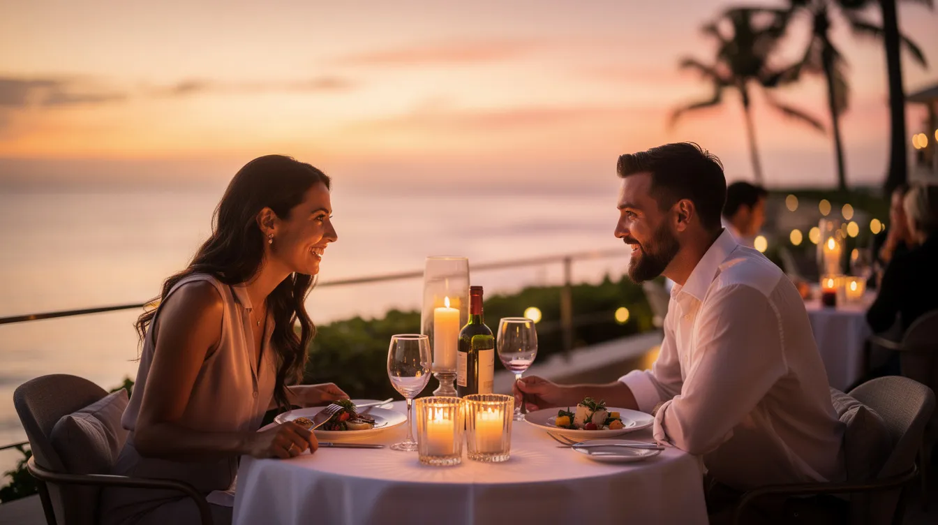 Best New All-Inclusive Resorts in Mexico for 2026 4 A couple enjoys a romantic dinner at a candlelit oceanfront restaurant, surrounded by the soft white sand and stunning sunset views. This intimate setting is perfect for a getaway at one of the new all-inclusive resorts in Mexico, offering an unforgettable dining experience by the beach.