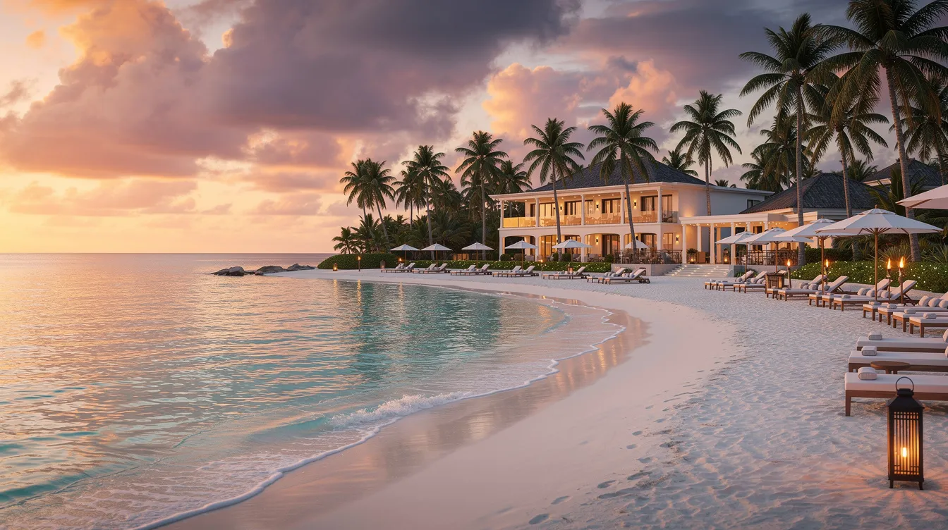 Be Live Collection Canoa Resort - Ultimate All-Inclusive Caribbean Experience 2 The image depicts a stunning Caribbean beachfront resort at sunset, featuring tall palm trees swaying gently in the breeze and a calm ocean reflecting the vibrant colors of the sky. This picturesque scene, perfect for a relaxing stay, is reminiscent of the Be Live Collection Canoa, located near Playa Dominicus in La Romana, Dominican Republic.