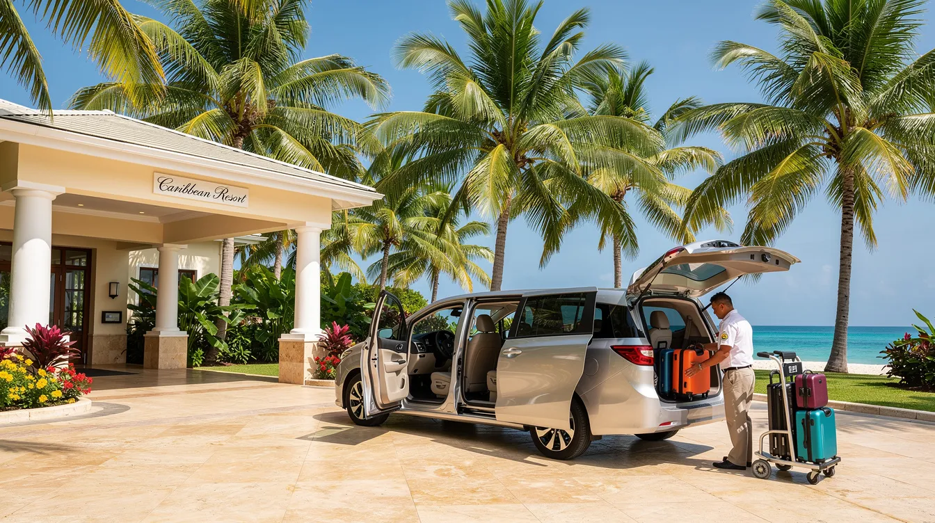 Shuttle Service from Punta Cana Airport to Your Resort or Hotel 1 A modern air-conditioned minivan is parked under palm trees at the entrance of a Caribbean resort, with a driver loading luggage for travelers. This vehicle offers convenient airport transportation options for guests arriving at major hotels in the area.