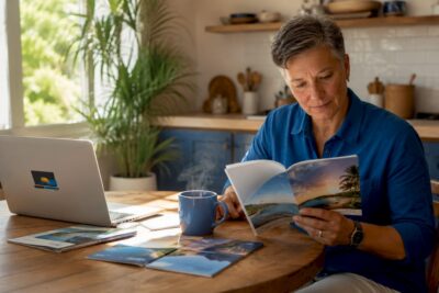Person coordinating family travel bookings at desk