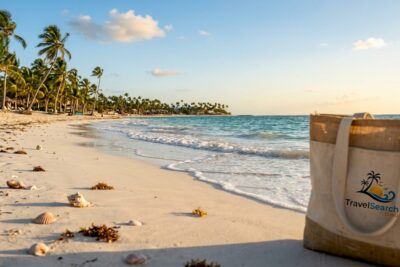 Sunny Punta Cana beach with palm trees and turquoise water