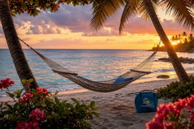 Caribbean overwater bungalows at sunset