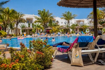 Wide view of Hotel Riu Funana beachfront exterior