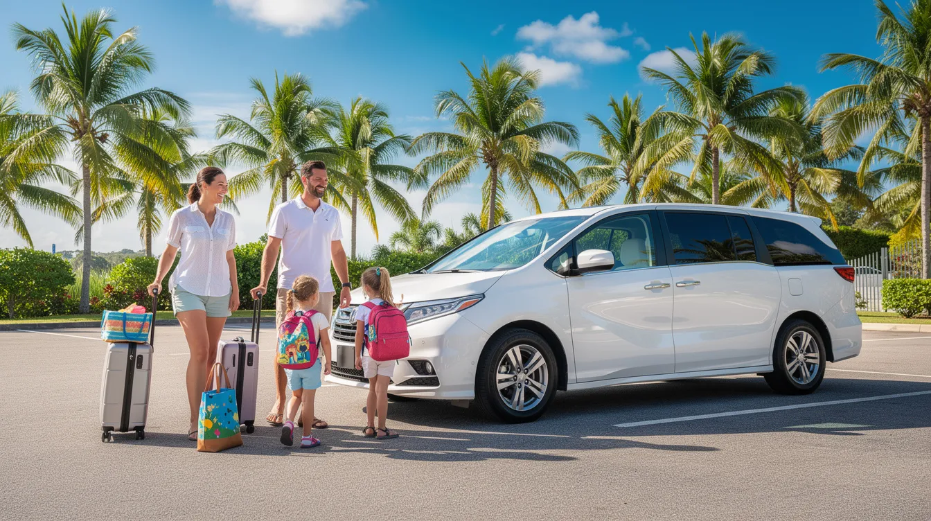 Shuttle Service from Punta Cana Airport to Your Resort or Hotel 4 A family with children and suitcases is approaching a white minivan in a tropical parking area adorned with palm trees under a clear blue sky, ready for their airport transportation to a major hotel. This scene captures the excitement of travelers embarking on their journey, with the minivan serving as a convenient shuttle service for their airport transfers.
