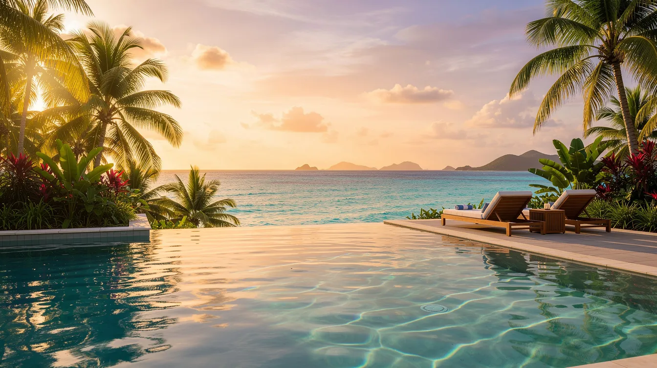 Planned Vacations: How to Turn Your Next Resort Getaway Into a Stress‑Free Escape 1 The image showcases a stunning infinity pool at a tropical resort, seamlessly blending into the turquoise waters of the Caribbean Ocean during golden hour. This picturesque scene invites travelers to plan trips to this idyllic destination for a relaxing getaway with friends or family.