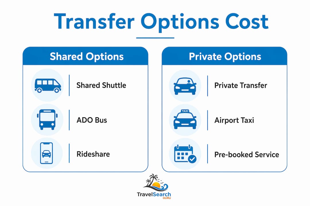 Infographic comparing shared and private Cancun transfer options