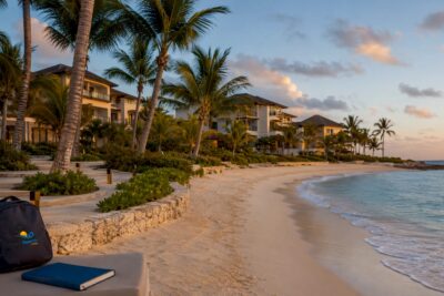 Aerial view of Secrets Cap Cana resort and beach at sunrise