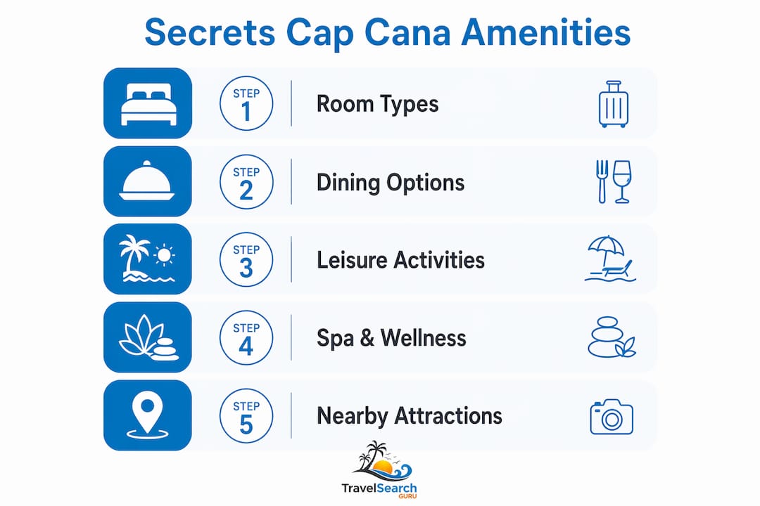 Secrets Cap Cana Resort: The Romantic Escape Guide 2 Infographic showing Secrets Cap Cana resort amenities and offerings in step format