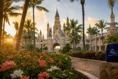 Resort exterior with castle-style architecture and tropical gardens