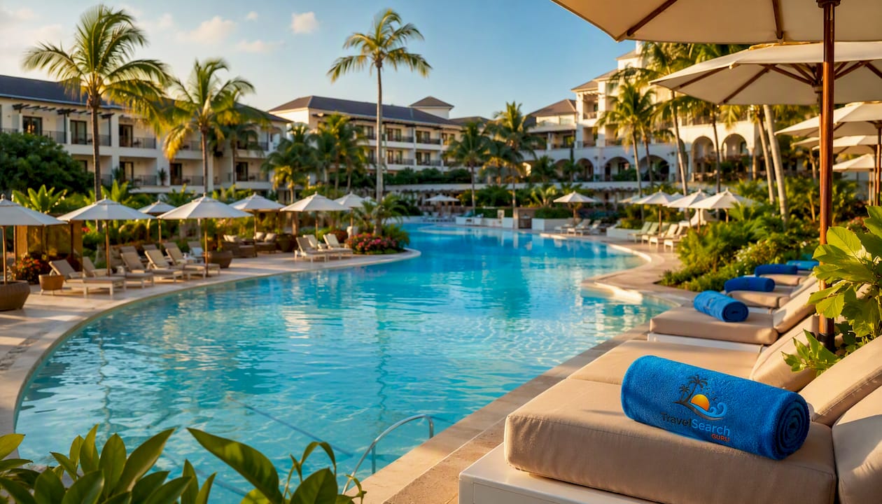 Main pool surrounded by loungers and palm trees