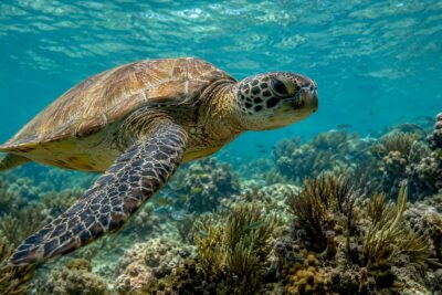Green sea turtle swimming in Akumal Bay