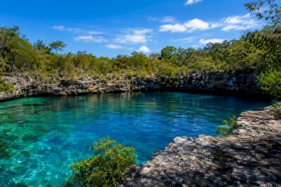 Open turquoise cenote pool surrounded by jungle