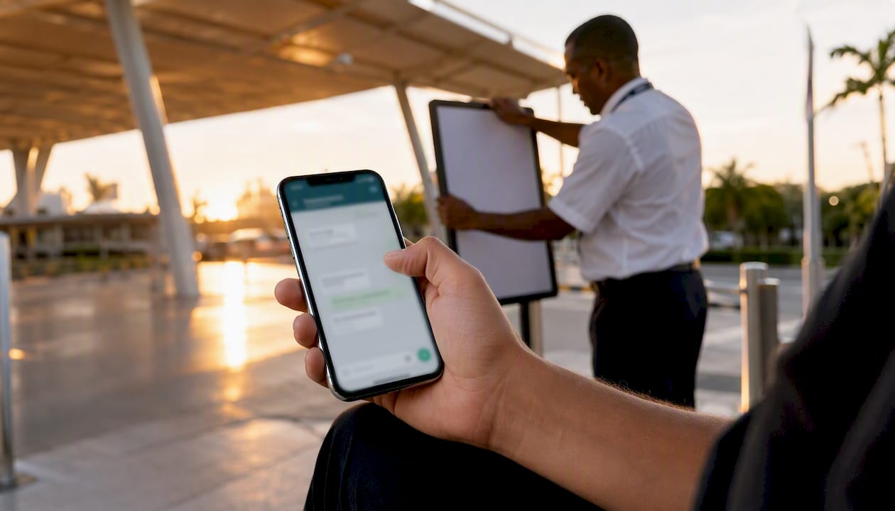 Traveler phone coordinating transfer at airport