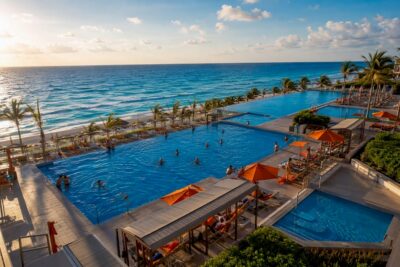 Three resort pools beside Cancun beach
