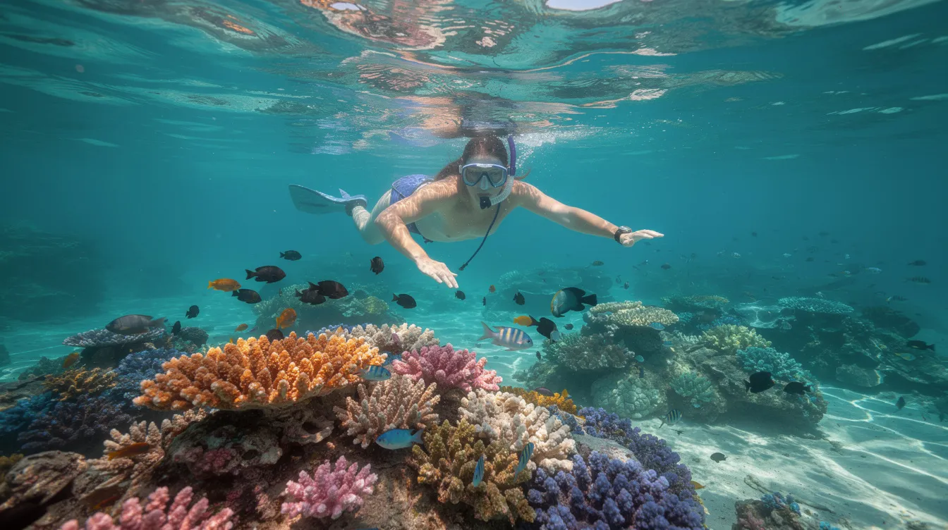 Planned Vacations: How to Turn Your Next Resort Getaway Into a Stress‑Free Escape 4 A person is snorkeling in crystal clear turquoise water, exploring a vibrant coral reef filled with colorful marine life. This idyllic scene captures the essence of a perfect vacation, inviting travelers to plan trips to such beautiful destinations.
