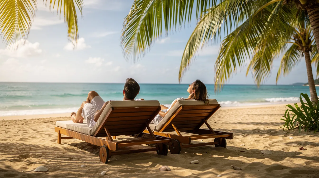 Planned Vacations: How to Turn Your Next Resort Getaway Into a Stress‑Free Escape 3 A couple is relaxing on wooden beach loungers under swaying palm trees, with a beautiful ocean view in the background. This serene scene captures the essence of vacation planning for travelers seeking a perfect getaway to enjoy the sun and surf.