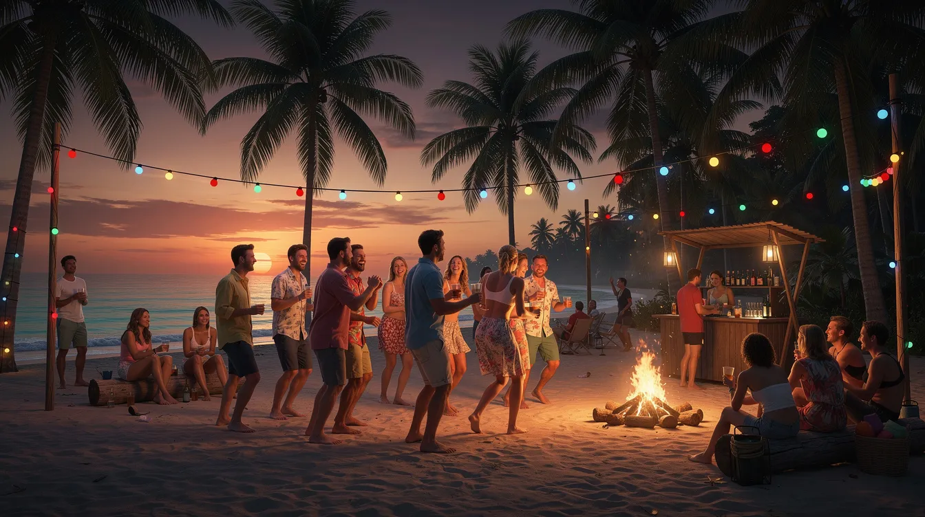 Breathless Punta Cana Resort & Spa Reviews: What Guests Really Say About This Adults-Only All Inclusive 3 The image depicts a lively tropical beach party at dusk, adorned with colorful string lights and surrounded by palm trees, as guests dance joyfully on the sand. This vibrant scene captures the essence of an inclusive resort atmosphere, reminiscent of the exceptional service found at Breathless Punta Cana Resort.
