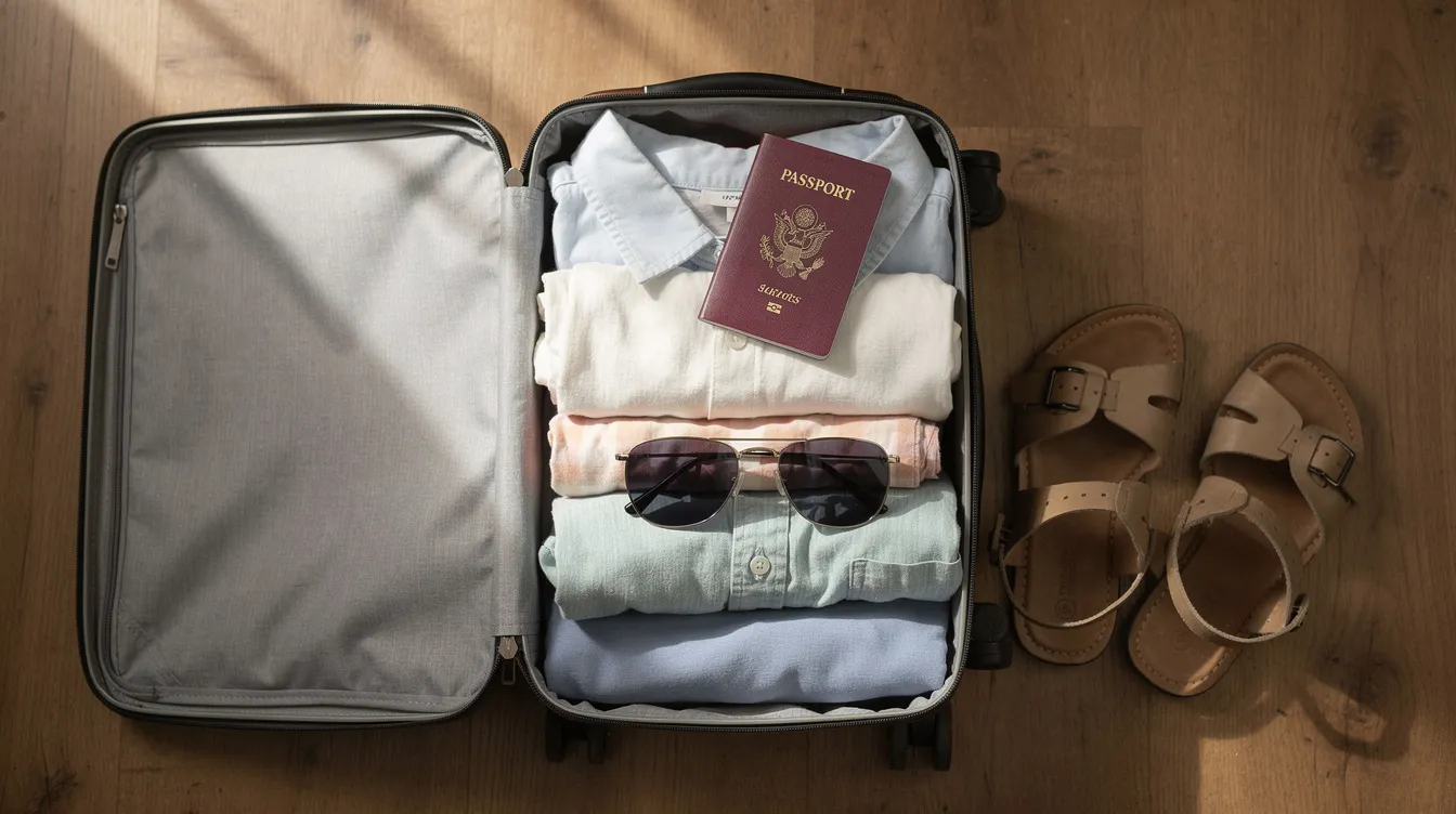 Planned Vacations: How to Turn Your Next Resort Getaway Into a Stress‑Free Escape 5 The image shows a neatly packed open suitcase on a wooden surface, featuring a passport, sunglasses, and sandals, suggesting the excitement of vacation planning and exploring many destinations. This travel setup evokes thoughts of fun summer trips and adventures with family and friends.